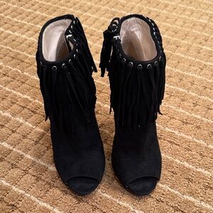 Prada peep-toe black fringe suede bootie size 36
